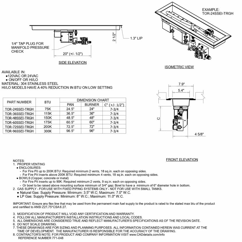 Technical specification sheet for the HPC Fire Inspired Hearth Products Controls Linear Trough Drop In Electronic Ignition system, showing side elevation, front elevation, and isometric views with detailed dimensions, BTU ratings, part numbers, and installation notes for Torpedo linear burner models.