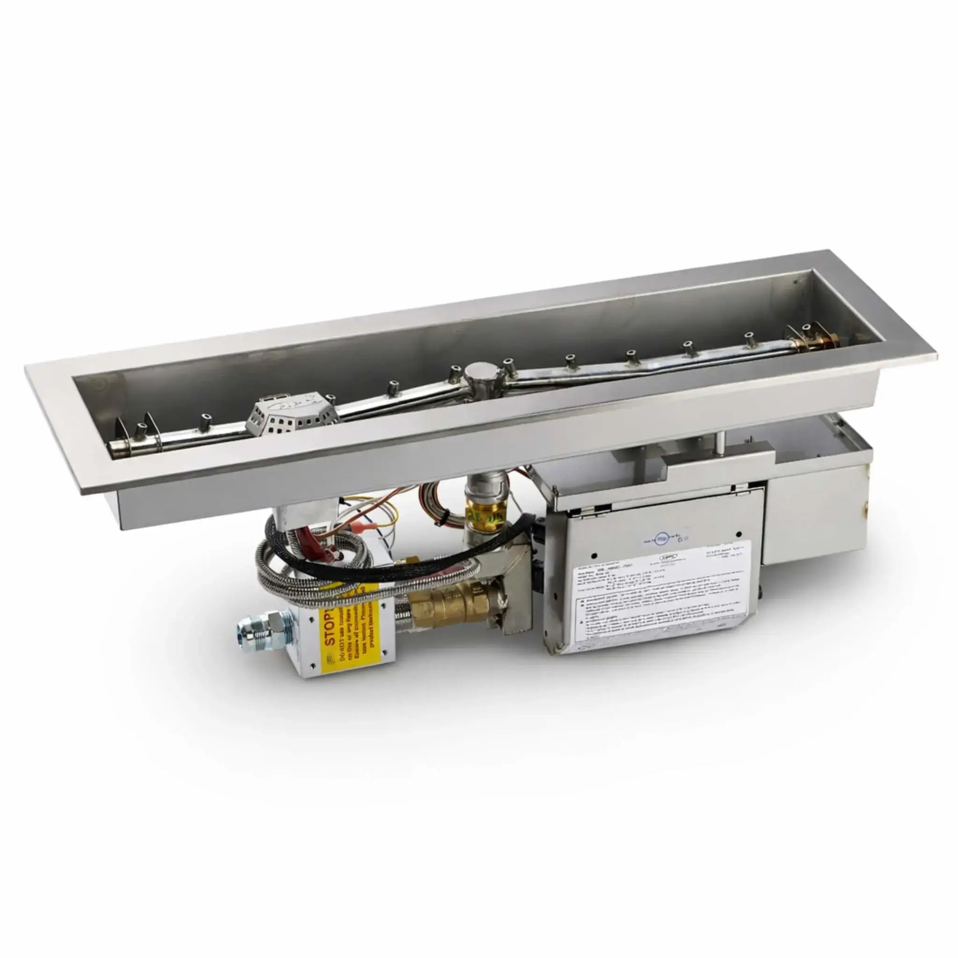 Product image of the HPC Fire Inspired Hearth Products Controls Linear Trough Drop In Electronic Ignition system on a white background, highlighting the stainless steel burner pan, gas line components, wiring, control box, and ignition assembly for modern linear fire features.