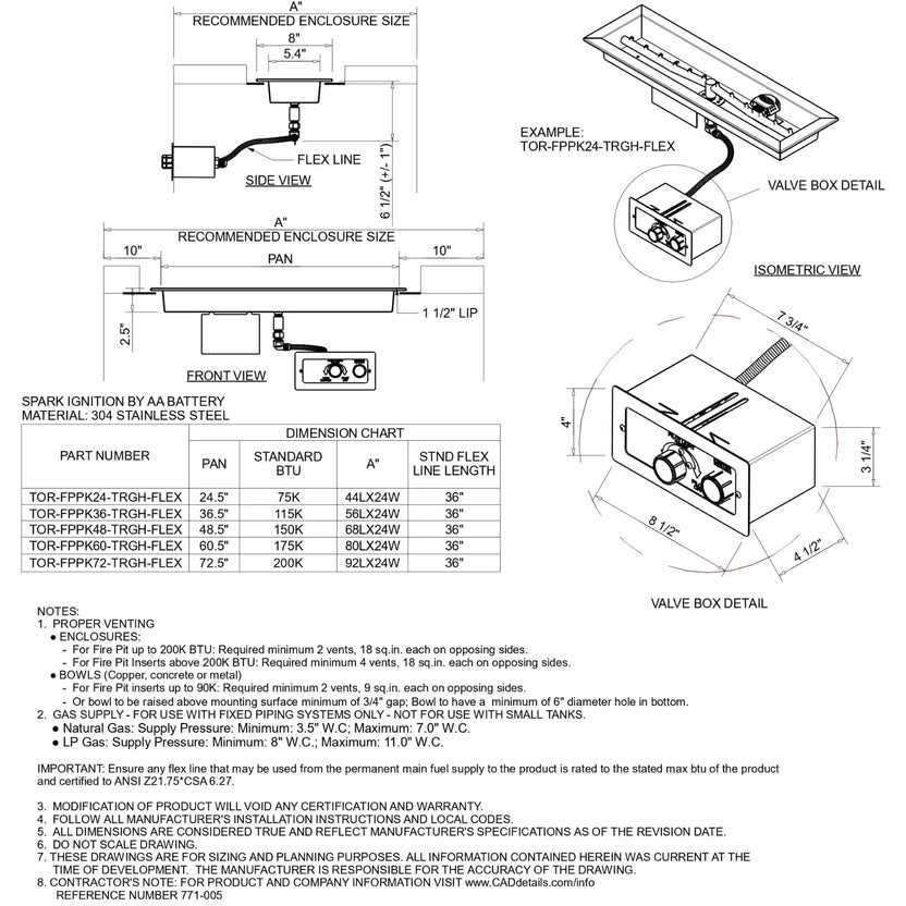 Technical specification sheet for HPC Fire Inspired Linear Trough Drop In FPPK Push Button Flame Sensing FLEX system, showing detailed diagrams, dimensions, valve box layout, burner pan measurements, and installation requirements for stainless steel fire pit components.