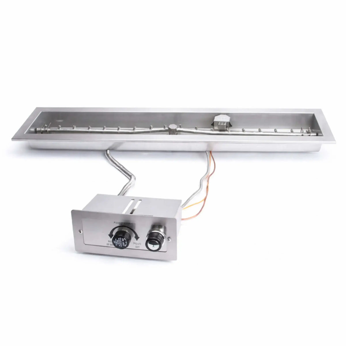 Product image of HPC Fire Inspired Linear Trough Drop In FPPK Push Button Flame Sensing FLEX system on a white background, displaying stainless steel burner pan, gas line connections, and control box with ignition knob, highlighting clean construction and linear fire pit components.