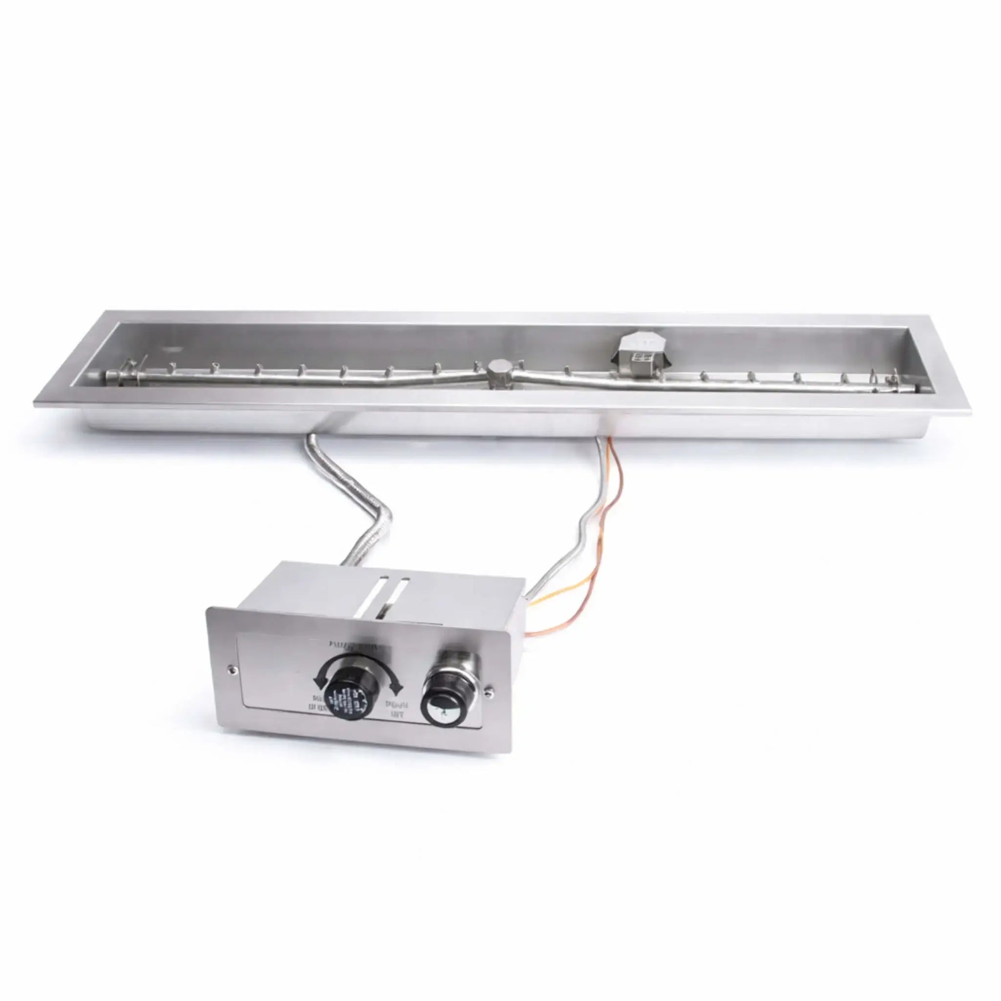 Product image of HPC Fire Inspired Linear Trough Drop In FPPK Push Button Flame Sensing FLEX system on a white background, displaying stainless steel burner pan, gas line connections, and control box with ignition knob, highlighting clean construction and linear fire pit components.