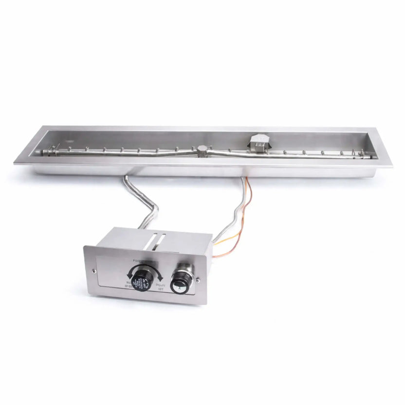 Product image of HPC Fire Inspired Linear Trough Drop In FPPK Push Button Flame Sensing FLEX system on a white background, displaying stainless steel burner pan, gas line connections, and control box with ignition knob, highlighting clean construction and linear fire pit components.