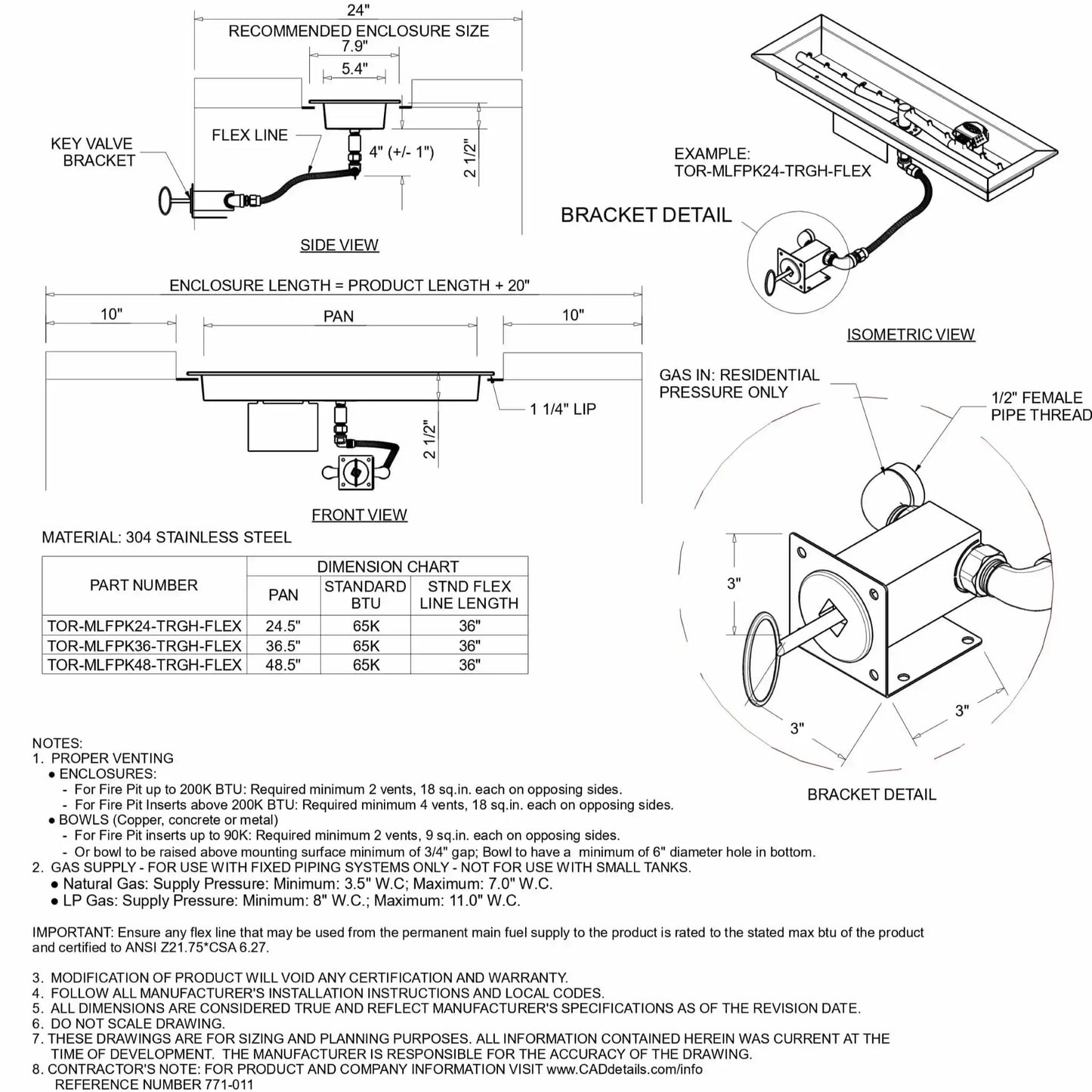 HPC Fire Inspired Hearth Products Controls linear trough drop-in match lit CSA specification sheet showing detailed side and front views of a rectangular stainless steel burner pan with flex gas line and key valve bracket. Includes isometric burner layout, bracket detail with 1/2 inch female pipe thread, enclosure sizing, lip dimensions, and BTU ratings for linear trough fire