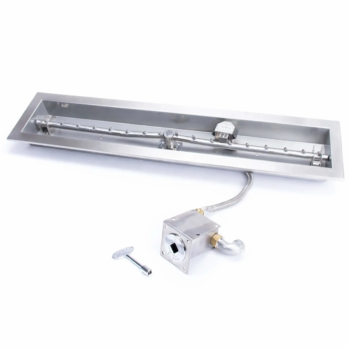 Product image of the HPC Fire Inspired Hearth Products Controls Linear Trough Drop-In Match Lit CSA MLFPK FLEX burner system on a clean white background. The stainless steel trough pan, T burner, flex line, and key valve are clearly visible, emphasizing durable construction, CSA match lit certification, and simple, user-friendly ignition for custom fire feature builds.