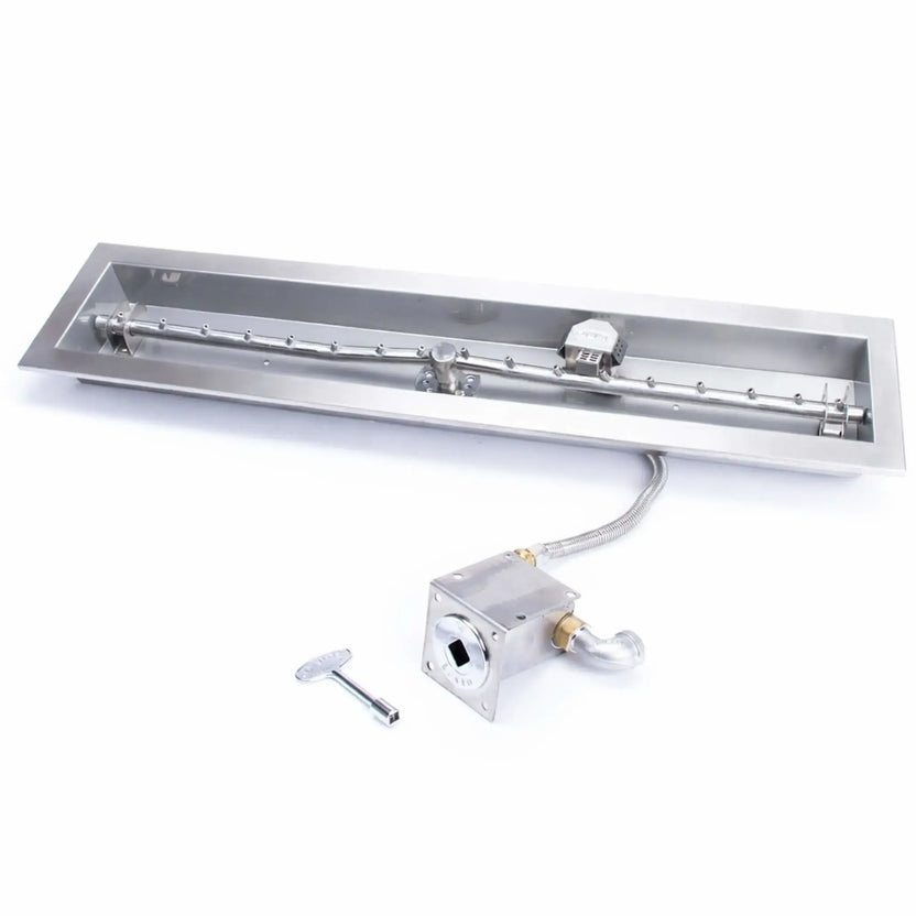 Product image of the HPC Fire Inspired Hearth Products Controls Linear Trough Drop-In Match Lit CSA MLFPK FLEX burner system on a clean white background. The stainless steel trough pan, T burner, flex line, and key valve are clearly visible, emphasizing durable construction, CSA match lit certification, and simple, user-friendly ignition for custom fire feature builds.