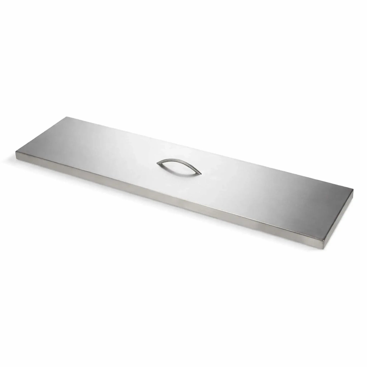 A long, rectangular stainless steel burner cover with a smooth brushed finish is shown at a slight angle on a clean white background. The cover features a low-profile, curved handle centered on top for easy lifting. Its sleek, linear design and sharp edges highlight a modern, durable construction ideal for protecting outdoor fire pit burners when not in use.