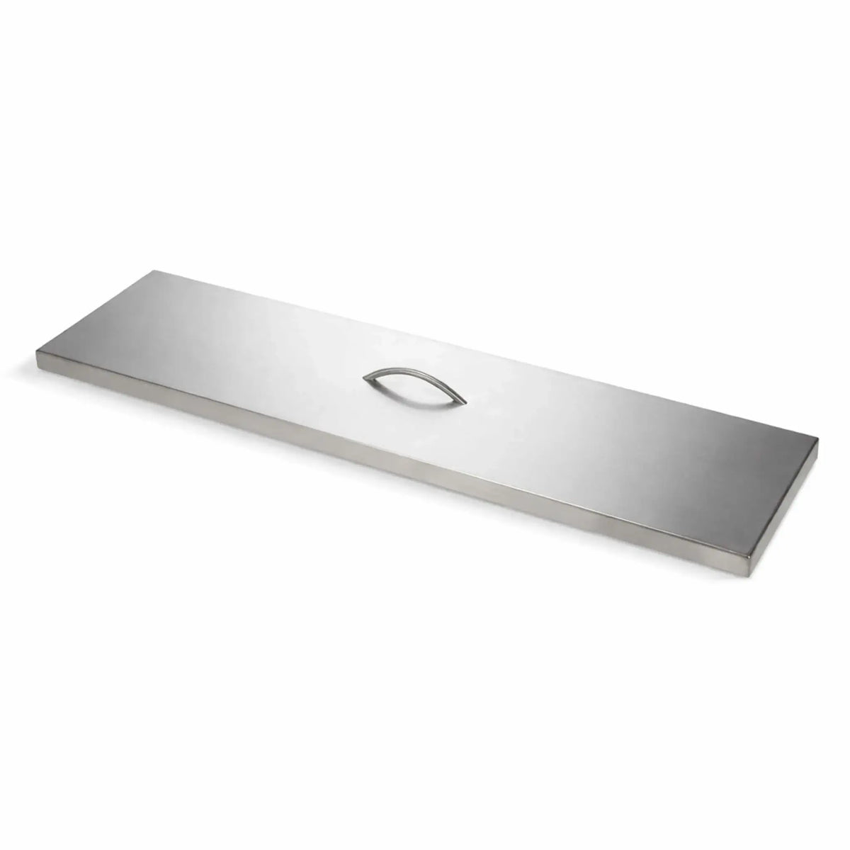 A long, rectangular stainless steel burner cover with a smooth brushed finish is shown at a slight angle on a clean white background. The cover features a low-profile, curved handle centered on top for easy lifting. Its sleek, linear design and sharp edges highlight a modern, durable construction ideal for protecting outdoor fire pit burners when not in use.