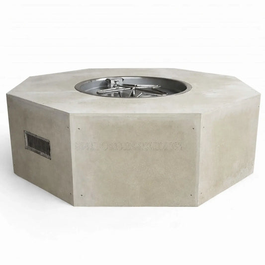 Octagon-shaped ready-to-finish fire pit table enclosure shown on a clean white background, featuring a smooth unfinished cement board exterior with a recessed circular burner pan and stainless steel star-shaped burner assembly. The unit includes a built-in ventilation opening on the side panel and is designed for custom finishing with stone, tile, or veneer for outdoor fire feature installations.