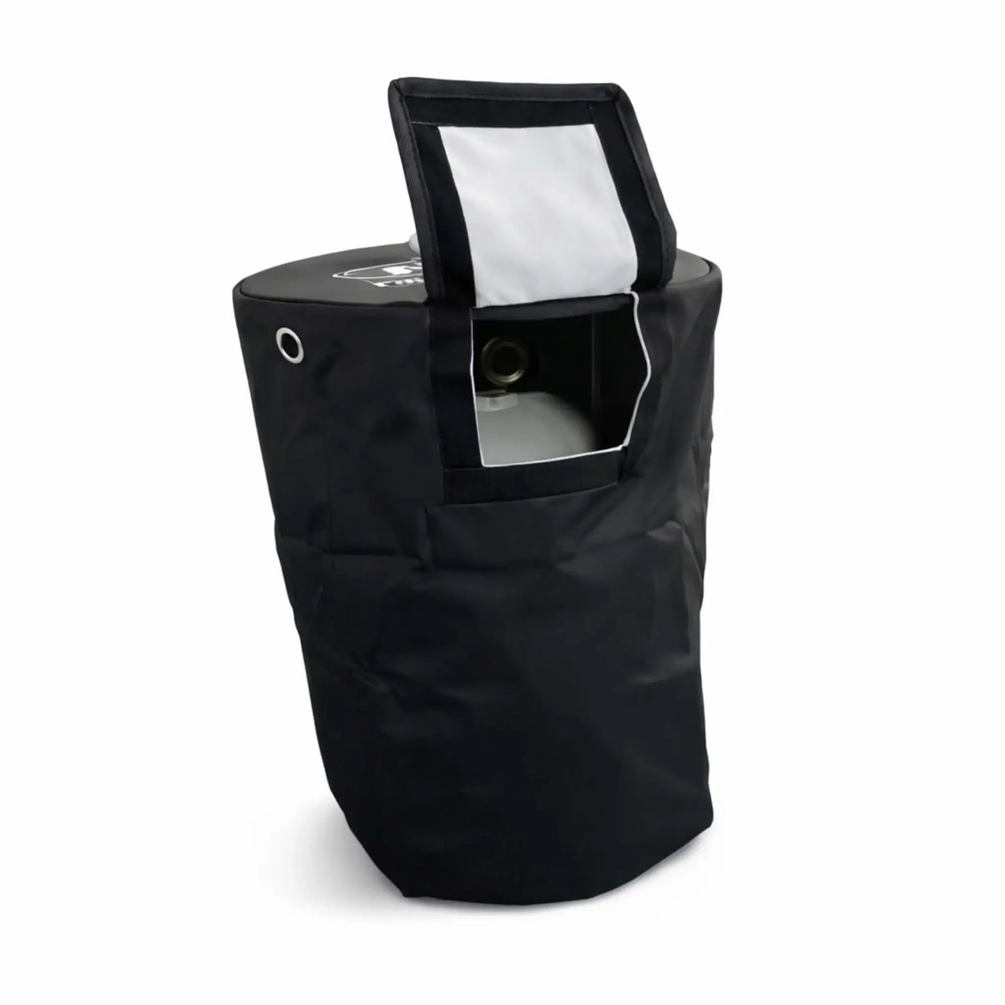 Black vinyl propane tank cover with a soft, weather-resistant finish, designed to conceal a standard LP tank. The cover features a top access flap with reinforced trim, revealing the tank valve area inside, along with a side grommet for ventilation or hose access. Set against a clean white background, the image highlights the durable stitching, structured fit, and functional design ideal for outdoor fire pit or heater setups.