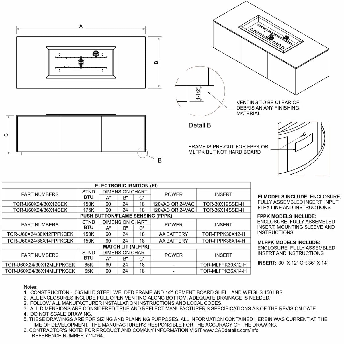 Comprehensive technical specification sheet displaying a 60 x 24 inch rectangular fire pit table with H-burner layout. Includes top view, side elevation, and 3D perspective diagrams, along with dimension charts, BTU ratings, and compatibility for electronic ignition, push-button flame sensing, and match-lit systems, plus detailed installation and venting guidelines.
