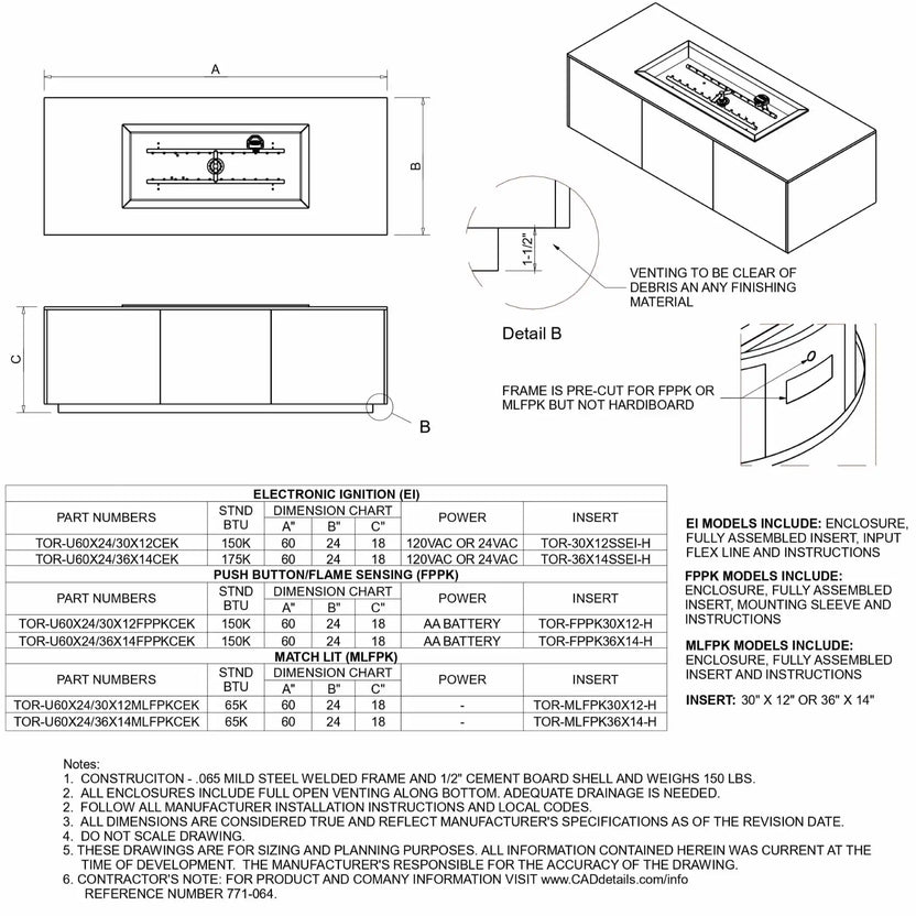 Comprehensive technical specification sheet displaying a 60 x 24 inch rectangular fire pit table with H-burner layout. Includes top view, side elevation, and 3D perspective diagrams, along with dimension charts, BTU ratings, and compatibility for electronic ignition, push-button flame sensing, and match-lit systems, plus detailed installation and venting guidelines.