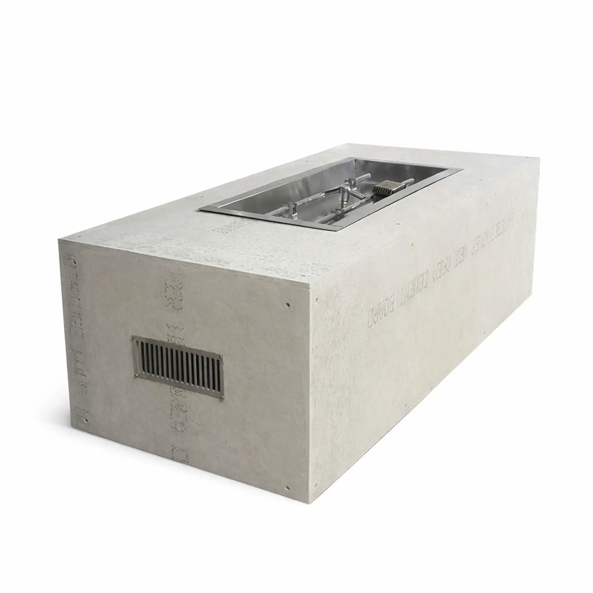 Rectangular ready-to-finish fire pit enclosure featuring a durable cement board exterior and a recessed stainless steel H-style burner system. The unit includes a side ventilation opening for airflow and is designed for custom finishing with stone, concrete, or tile, making it ideal for modern outdoor gas fire pit builds with a clean, linear profile.