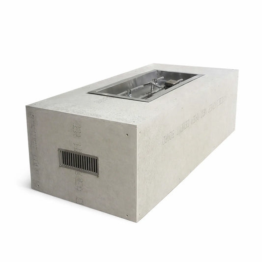 Rectangular ready-to-finish fire pit enclosure featuring a durable cement board exterior and a recessed stainless steel H-style burner system. The unit includes a side ventilation opening for airflow and is designed for custom finishing with stone, concrete, or tile, making it ideal for modern outdoor gas fire pit builds with a clean, linear profile.