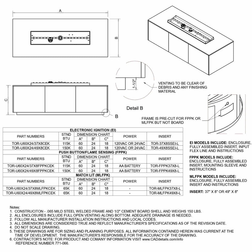 Detailed technical drawing of a 60 x 24 inch rectangular linear fire pit table, including top view, side elevation, and 3D perspective. The spec sheet outlines dimensions, venting requirements, and compatibility with electronic ignition, push-button flame sensing, and match-lit systems, along with part numbers, BTU ratings, and installation notes.