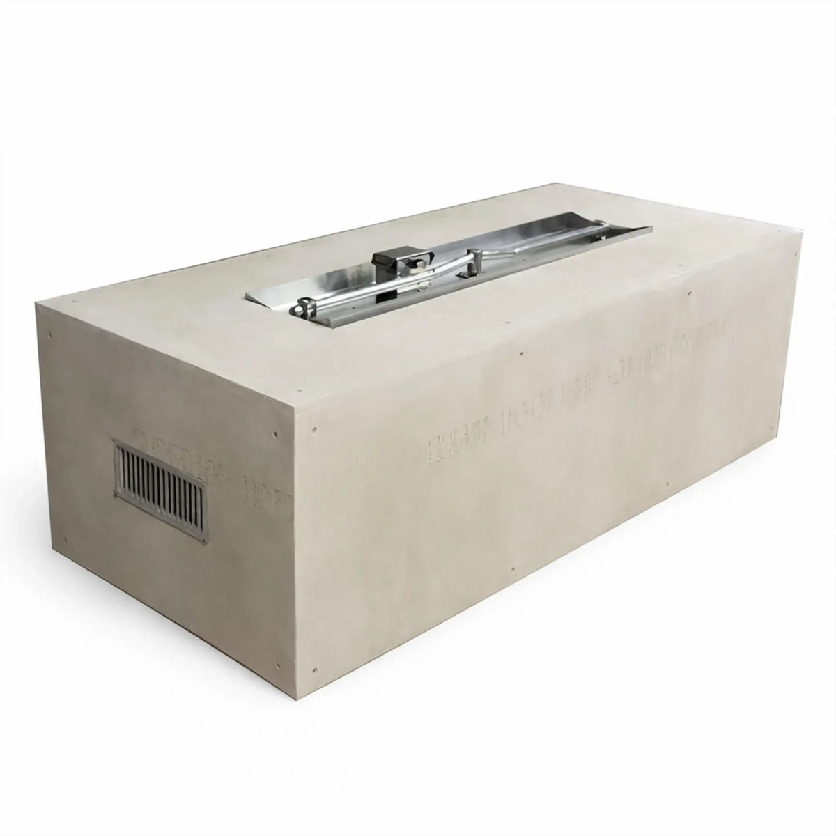 Rectangular ready-to-finish fire pit enclosure shown on a clean white background, featuring a cement board exterior with a recessed linear burner tray on top. The unit includes side venting for airflow and is designed for custom finishing with stone, tile, or concrete, making it ideal for modern outdoor gas fire pit installations.