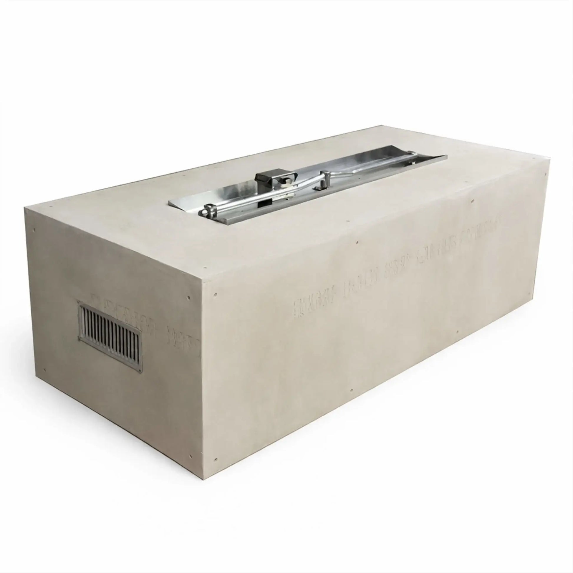 Rectangular ready-to-finish fire pit enclosure shown on a clean white background, featuring a cement board exterior with a recessed linear burner tray on top. The unit includes side venting for airflow and is designed for custom finishing with stone, tile, or concrete, making it ideal for modern outdoor gas fire pit installations.