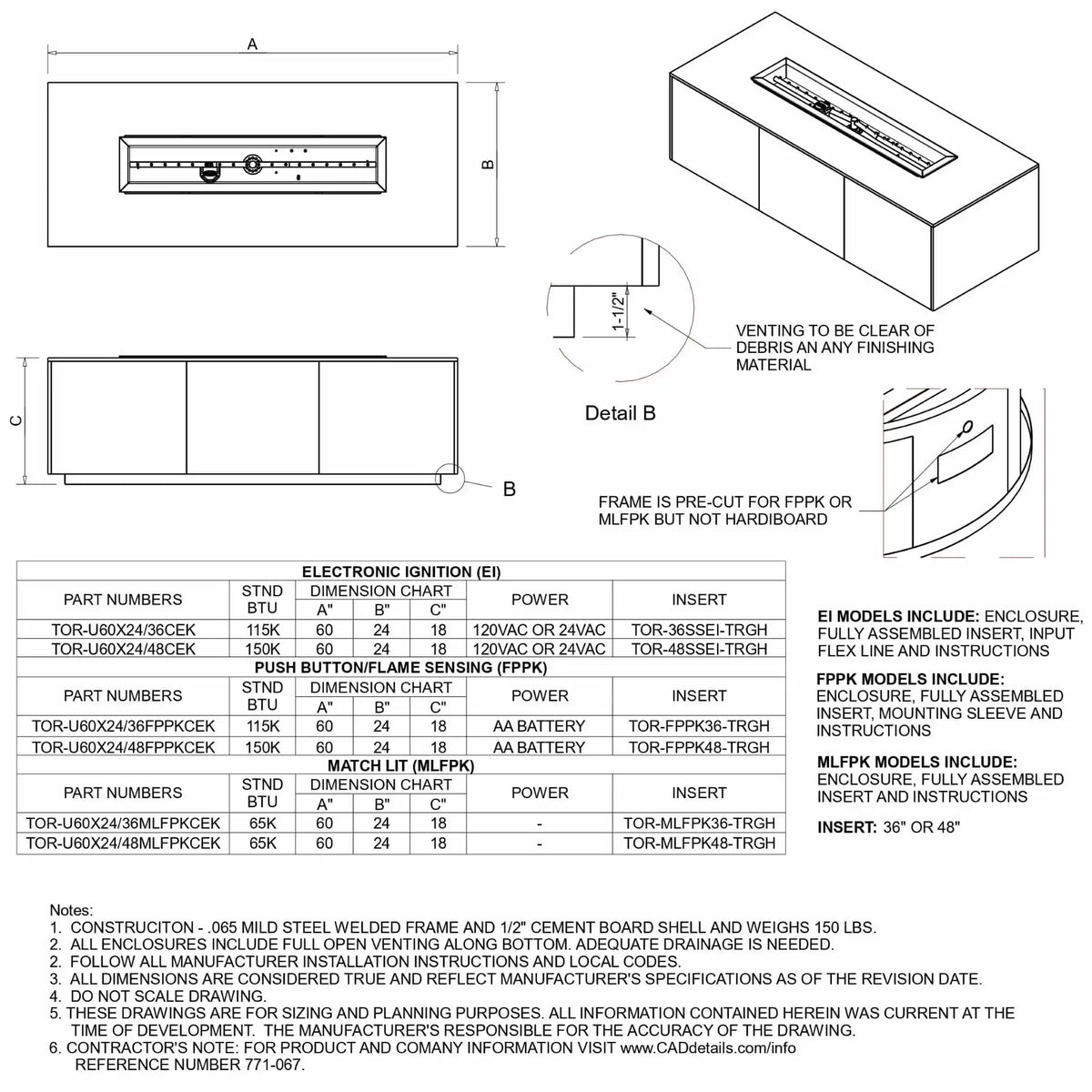 Technical specification sheet showing detailed diagrams, dimensions, and installation notes for a 60 x 24 inch rectangular linear fire pit table. Includes top, side, and isometric views, venting details, and model specifications for electronic ignition, push-button ignition, and match-lit configurations.