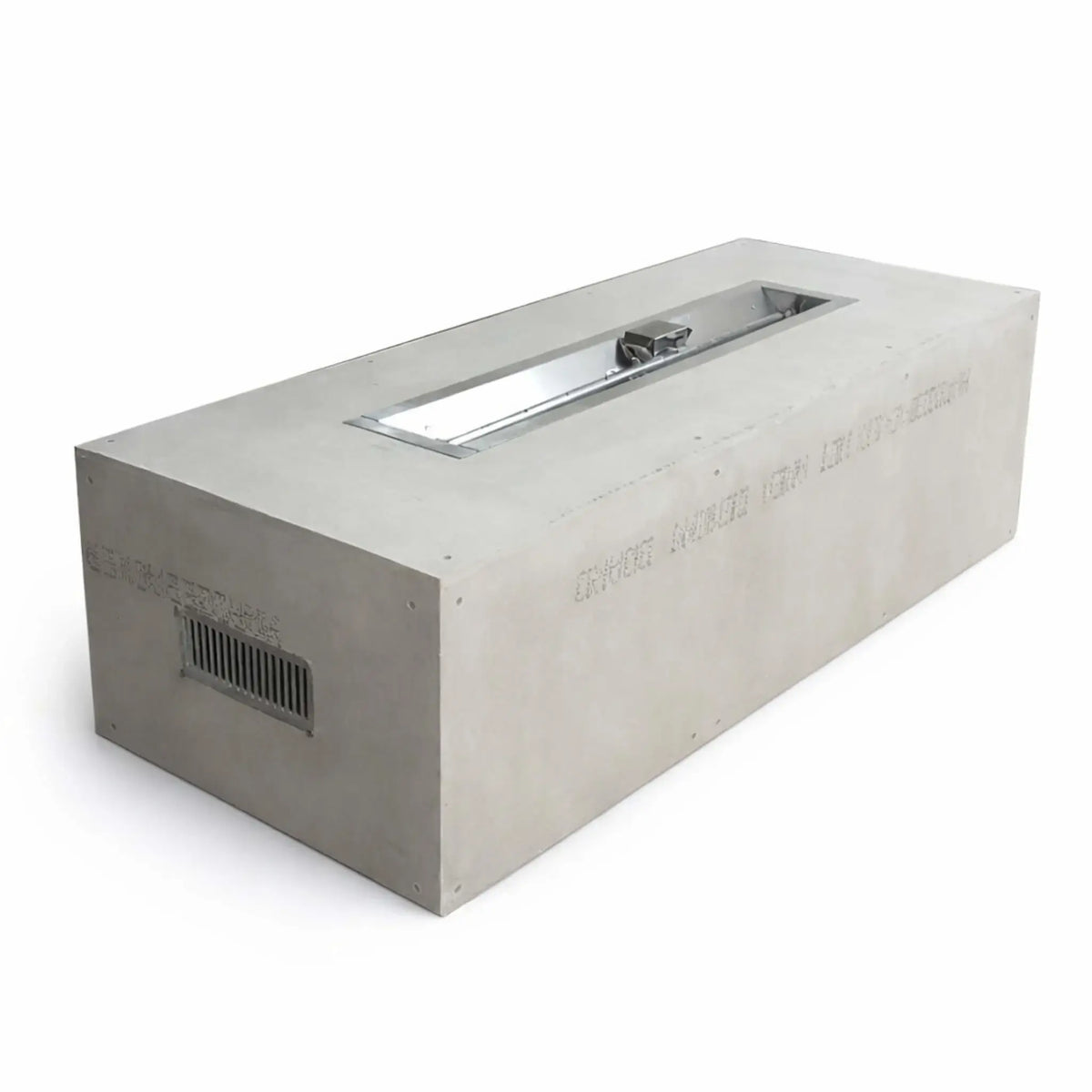 Clean product image of a rectangular ready-to-finish fire pit enclosure with a recessed linear burner opening. The unfinished cement board exterior and venting slots are visible, designed for custom finishing with stone, tile, or other materials.