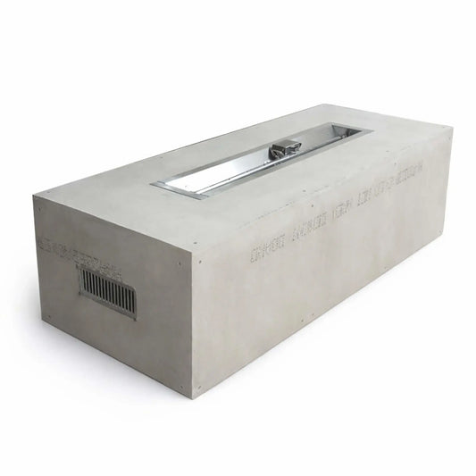 Clean product image of a rectangular ready-to-finish fire pit enclosure with a recessed linear burner opening. The unfinished cement board exterior and venting slots are visible, designed for custom finishing with stone, tile, or other materials.