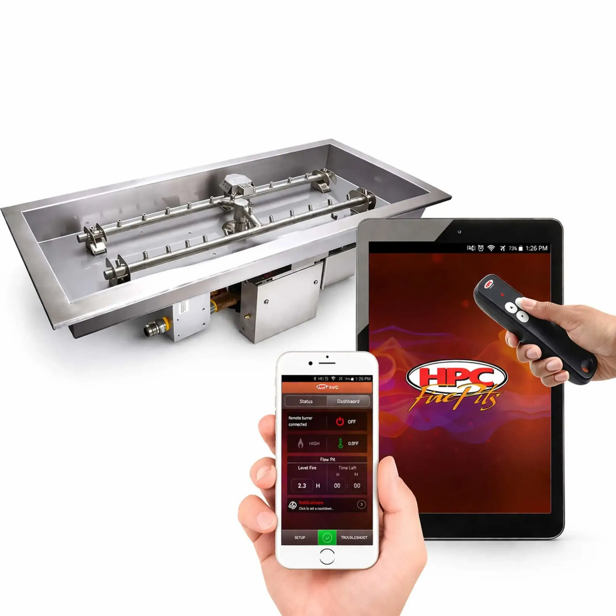 HPC Fire Inspired Hearth Products Controls rectangle drop in electronic ignition Hi Lo low system shown on a clean white background, featuring a stainless steel fire pit pan with H burner assembly alongside a handheld remote, tablet, and smartphone displaying the HPC Fire app for controlling flame height and on off functions.