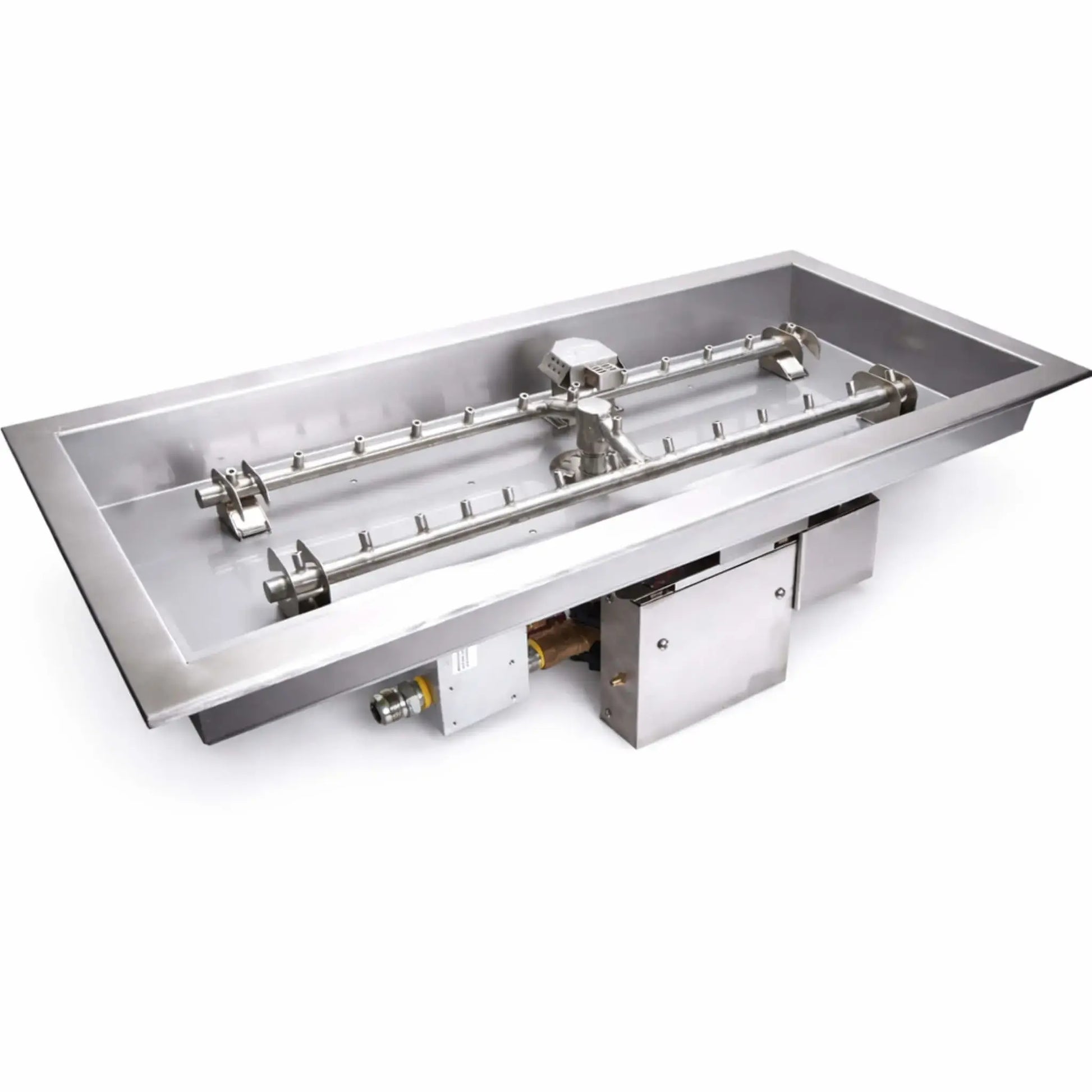 HPC Fire Inspired Hearth Products Controls rectangle drop in electronic ignition on off unit displayed on a white background, featuring a stainless steel rectangular drop in pan with H burner configuration, gas connections, and control components clearly visible for product detail presentation.