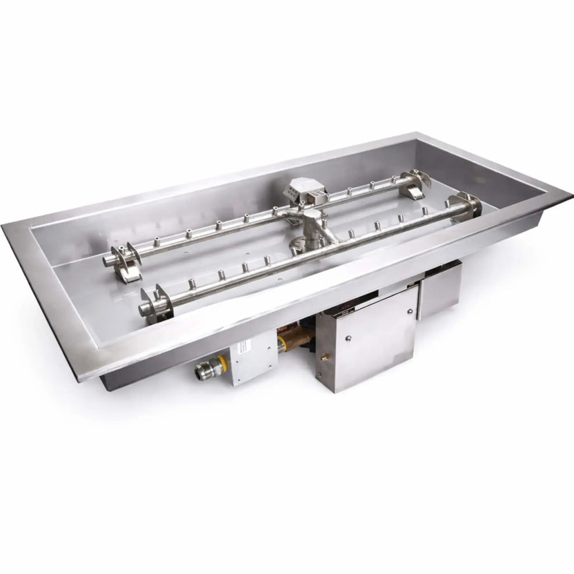 HPC Fire Inspired Hearth Products Controls rectangle drop in electronic ignition on off unit displayed on a white background, featuring a stainless steel rectangular drop in pan with H burner configuration, gas connections, and control components clearly visible for product detail presentation.