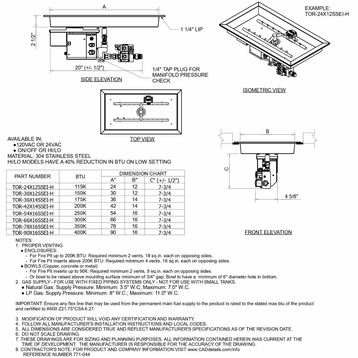 HPC Fire Inspired Hearth Products Controls rectangle drop in electronic ignition specification sheet showing detailed technical drawings, side elevation, top view, isometric diagram, and dimension chart with BTU ratings and sizing information for H burner torpedo ignition fire pit systems.
