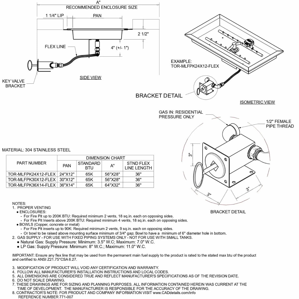 HPC Fire Inspired Hearth Products Controls rectangle drop-in match lit CSA MLFPK flex specification sheet showing side and isometric views of a rectangular stainless steel burner pan with dual burner rows, flex gas line, and key valve bracket. Includes detailed bracket connection with 1/2 inch female pipe thread, enclosure sizing, lip dimensions, BTU ratings, and installation notes for rectangular outdoor fire pit burner systems.