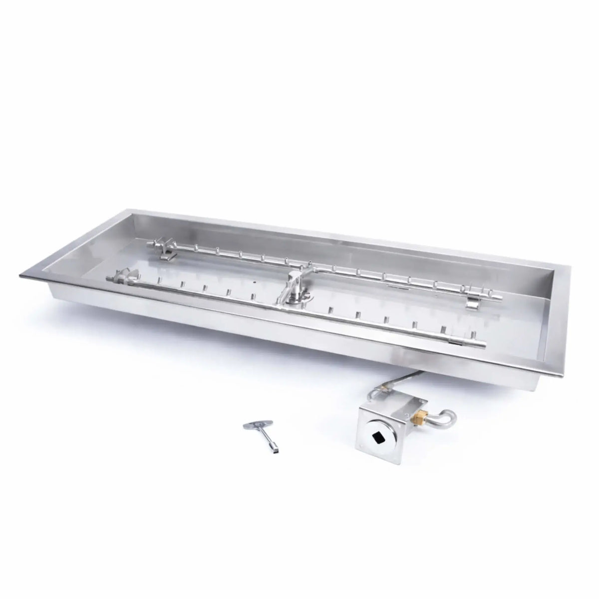 Product image of Hearth Products Controls HPC Fire Rectangle Drop-In Match Lit CSA MLFPK Flex burner kit on a clean white background, showing stainless steel rectangular pan, H-style burner, gas connection assembly, control box, and included key for ignition system.