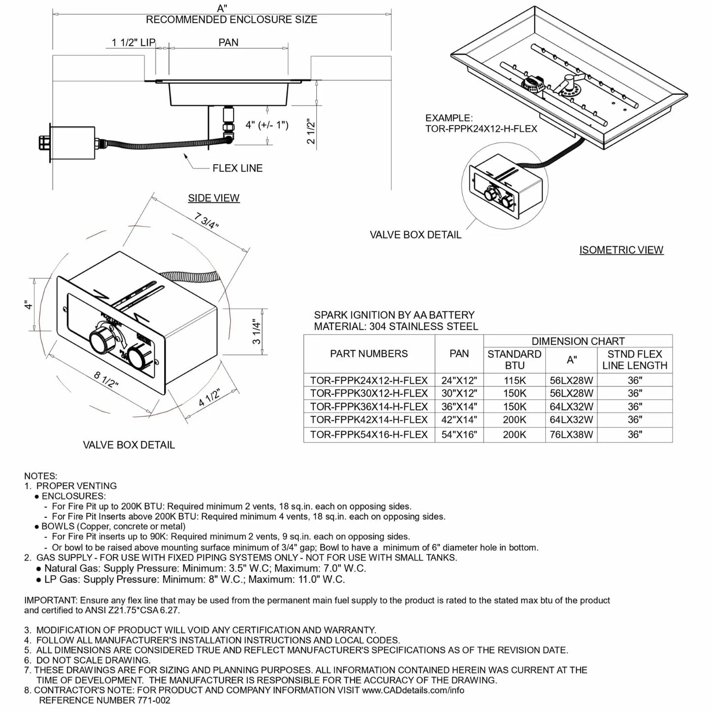 Technical specification sheet for the HPC Fire Rectangle H Burner Drop-In FPPK Push Button Flame Sensing FLEX system by Hearth Products Controls, showing detailed diagrams of the burner pan, valve box, flex line, enclosure dimensions, BTU ratings, and installation notes for proper venting and gas supply requirements.