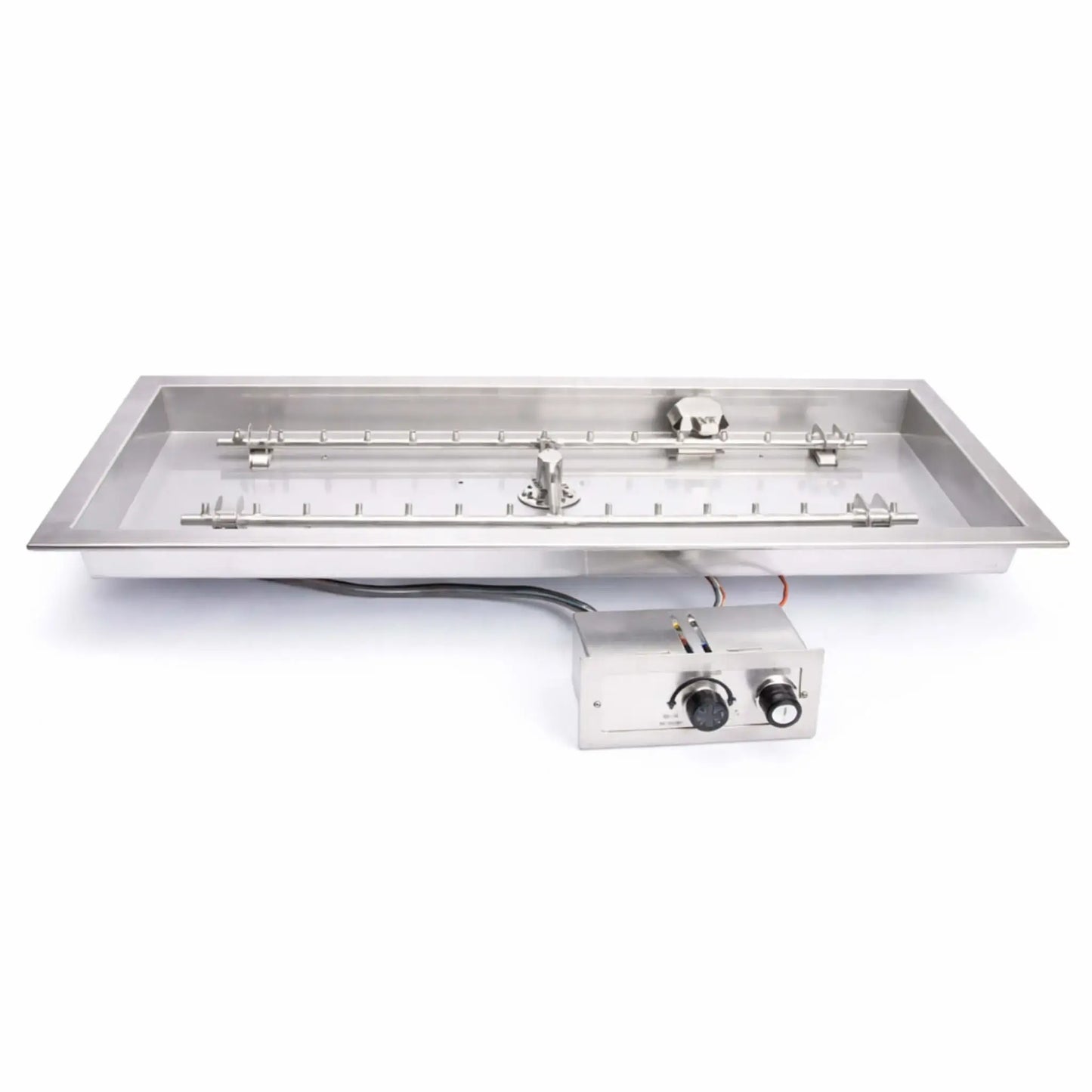 Studio product image of the Hearth Products Controls HPC Fire Rectangle H Burner Drop-In Pan Torpedo FPPK Push Button Flame Sensing FLEX system on a clean white background, displaying the stainless steel burner pan, dual linear burners, ignition system, and control valve box with attached wiring for fire pit installation.