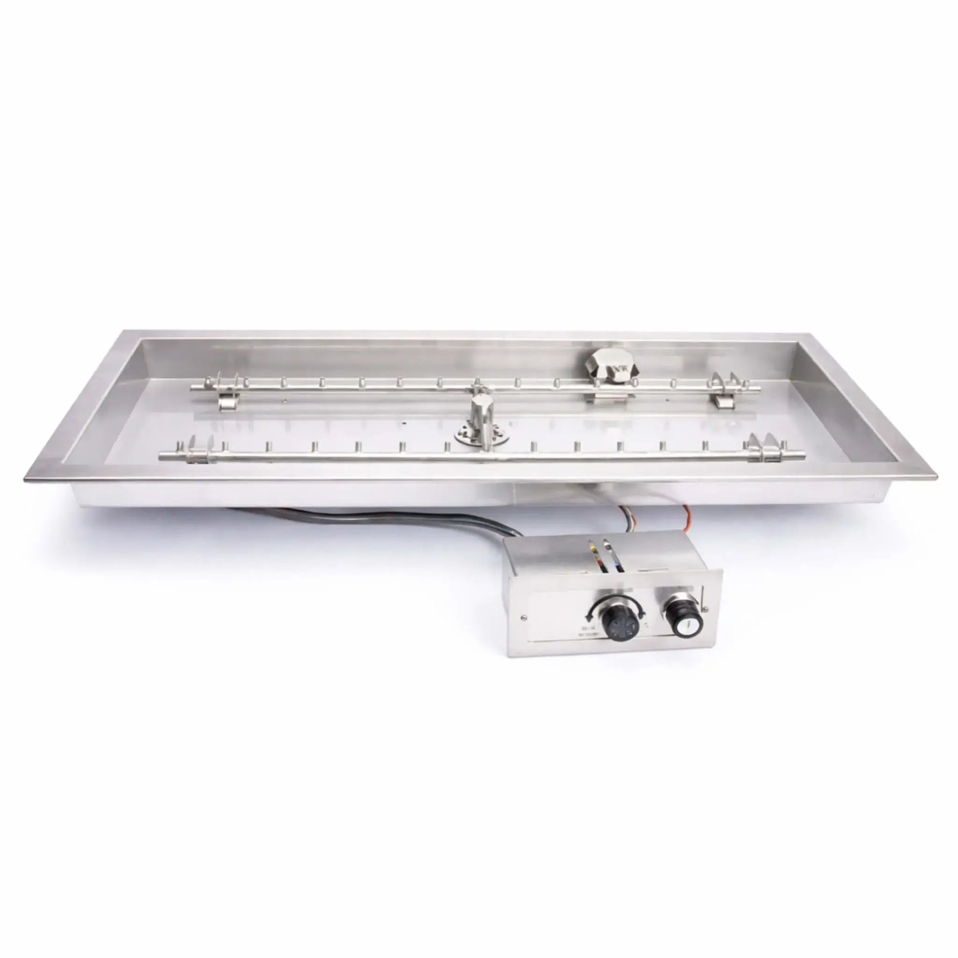 Studio product image of the Hearth Products Controls HPC Fire Rectangle H Burner Drop-In Pan Torpedo FPPK Push Button Flame Sensing FLEX system on a clean white background, displaying the stainless steel burner pan, dual linear burners, ignition system, and control valve box with attached wiring for fire pit installation.