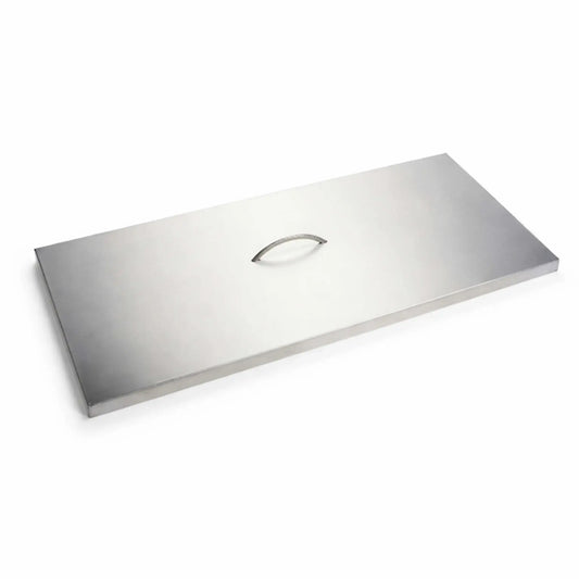 A rectangular stainless steel burner cover with a brushed metal surface is displayed diagonally against a white background. The flat lid includes a centered, arched handle for convenient removal. Its clean lines, subtle sheen, and sturdy build emphasize a modern protective solution designed to shield fire pit burners from debris and weather exposure.