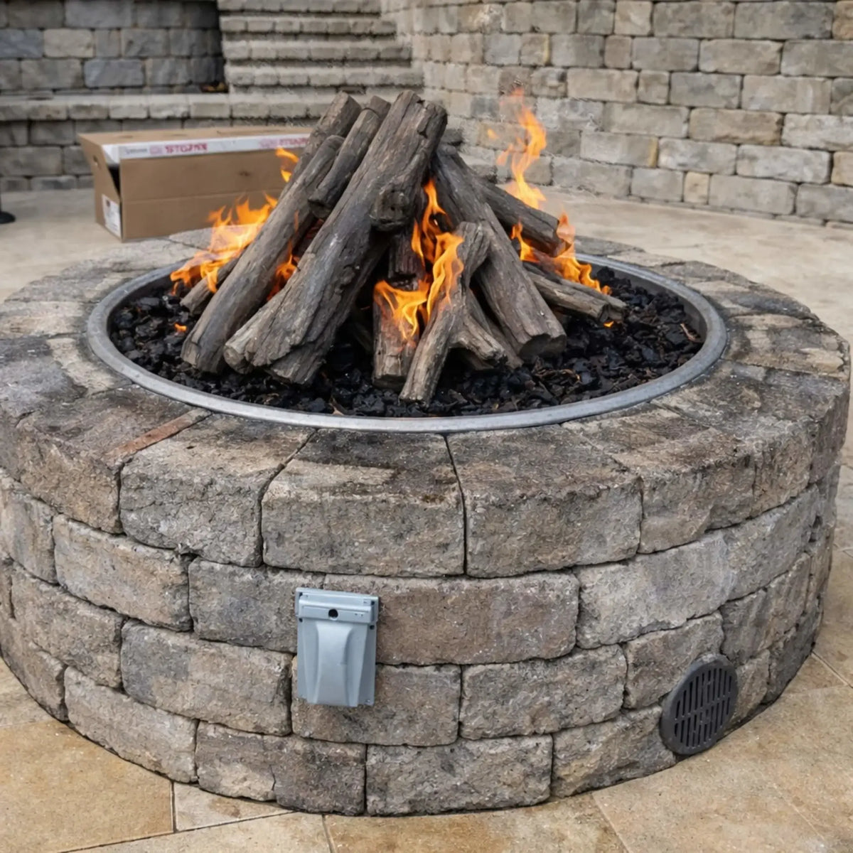 HPC Fire Inspired Hearth Products round drop in electronic ignition penta burner burning beneath stacked ceramic logs in a circular stone fire pit. The flames flicker through black fire glass and log media, with a built-in block wall and patio setting, emphasizing realistic fire aesthetics and durable outdoor installation.