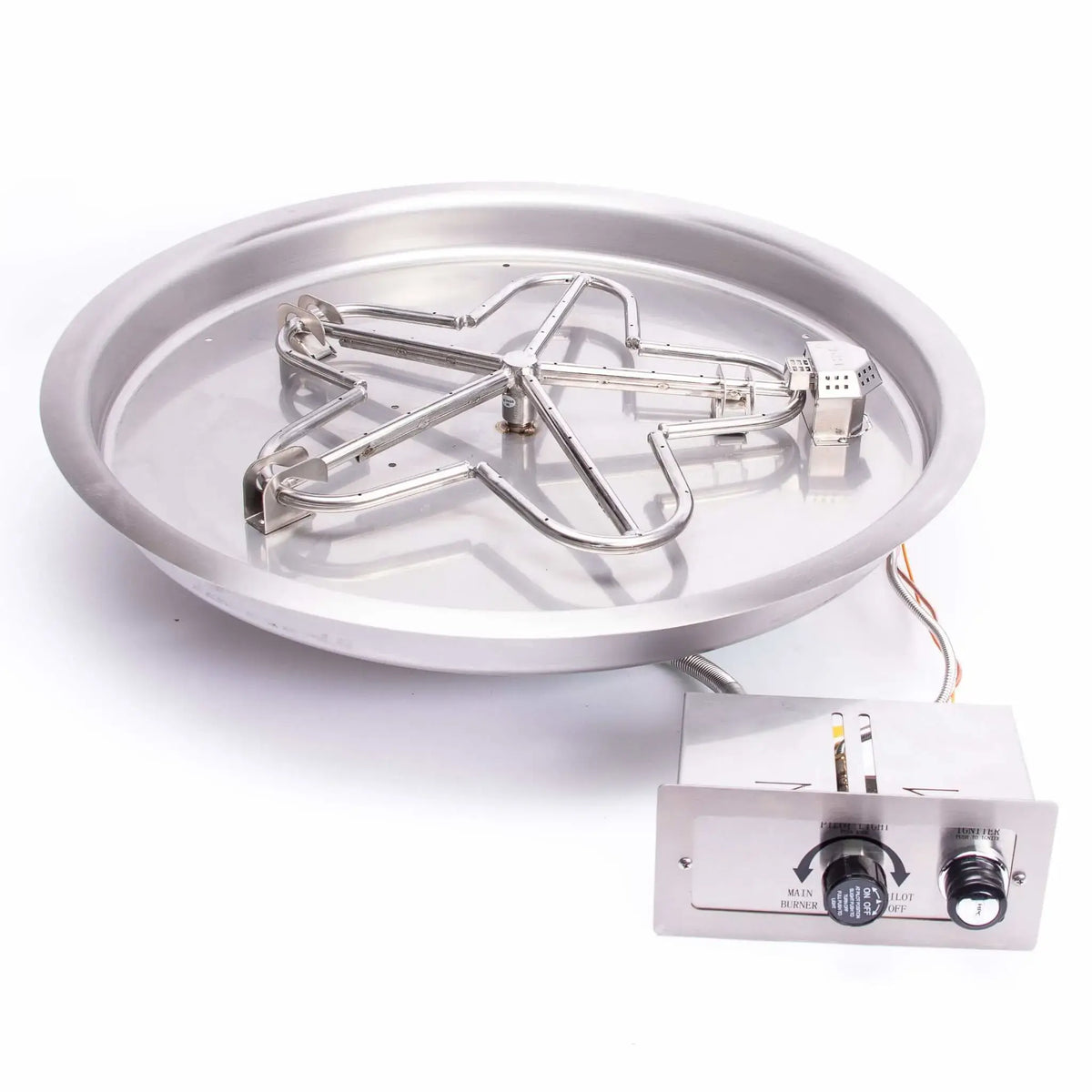 HPC Fire Inspired Hearth Products Controls Round Drop In FPPK Push Button Flame Sensing Standard Penta Burner displayed on a clean white background. The stainless steel round pan houses a five-point torpedo burner with integrated ignition system and control panel, showcasing wiring, push-button ignition, and durable construction for modern gas fire pit installations.
