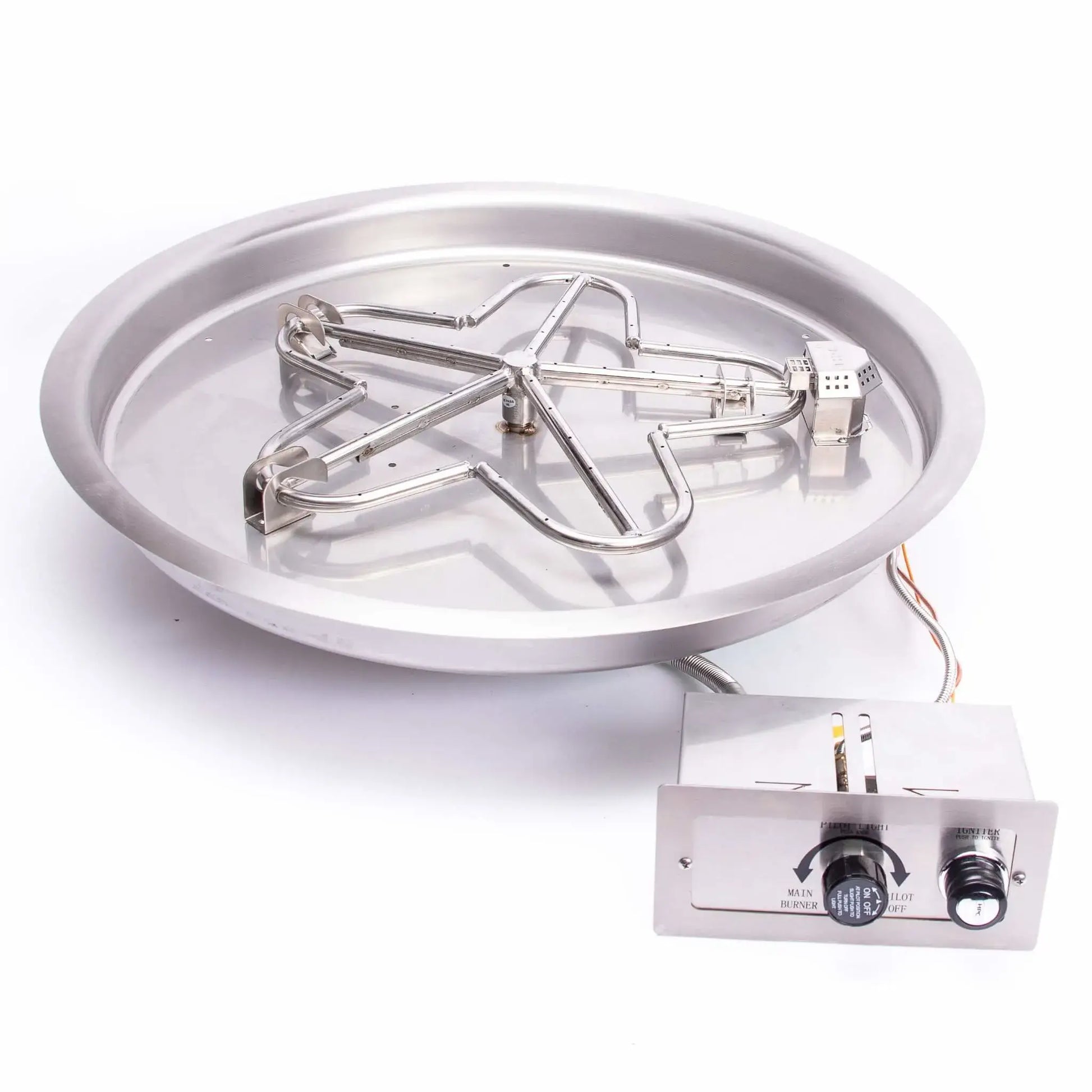 HPC Fire Inspired Hearth Products Controls Round Drop In FPPK Push Button Flame Sensing Standard Penta Burner displayed on a clean white background. The stainless steel round pan houses a five-point torpedo burner with integrated ignition system and control panel, showcasing wiring, push-button ignition, and durable construction for modern gas fire pit installations.