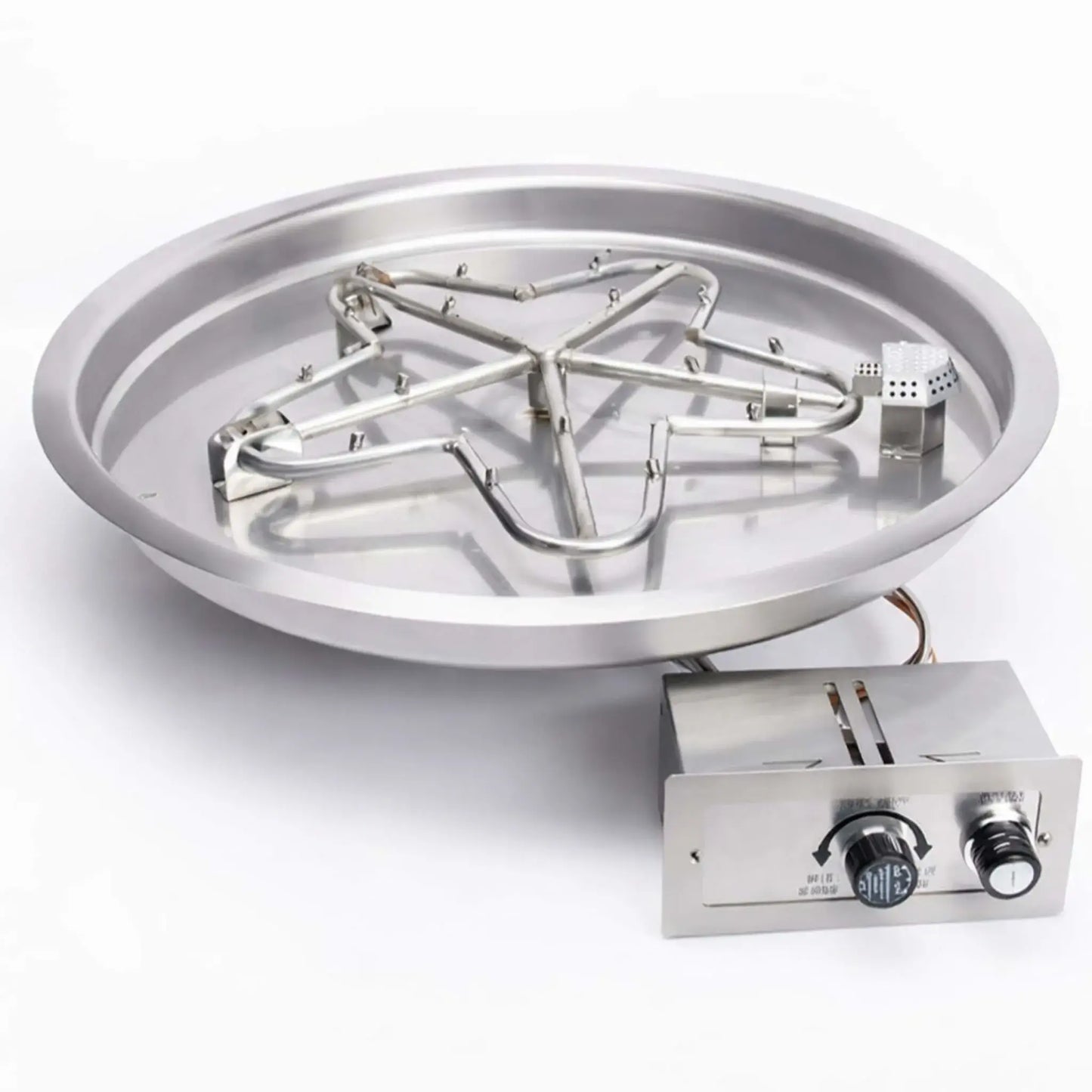 HPC Fire Inspired Hearth Products Controls Round Drop In FPPK push button flame sensing torpedo penta burner displayed on a white background. The stainless steel round pan features a multi-arm burner design with integrated ignition and control box, clearly showing construction details, gas connections, and durable materials for fire pit systems.