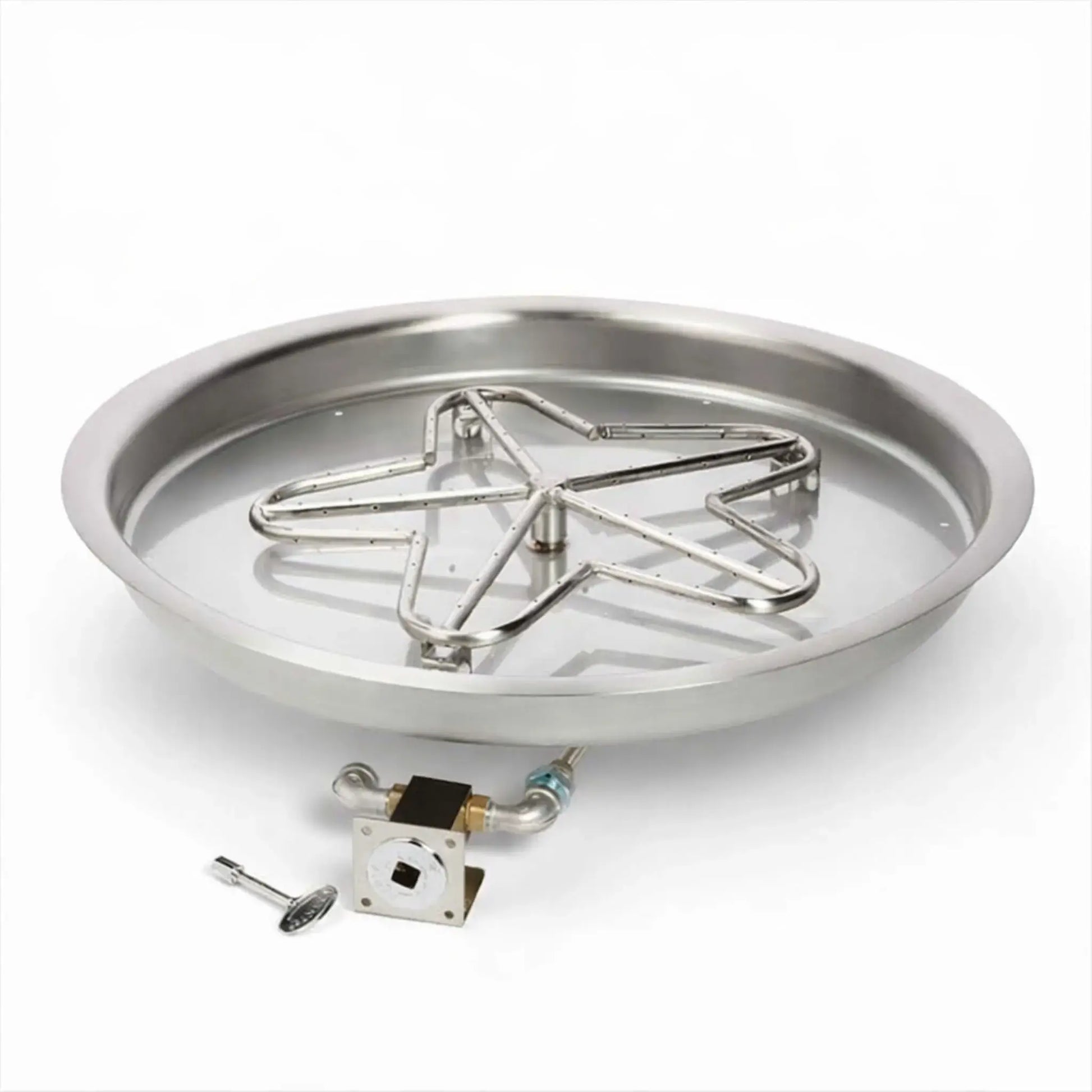 HPC Fire Inspired Hearth Products controls round drop in match lit CSA MLFPK FLEX standard penta burner displayed on a clean white background. The stainless steel fire pit pan features a five-point penta burner design with gas valve and key ignition, showcasing a durable outdoor fire pit insert built for consistent flame distribution and easy manual lighting control.