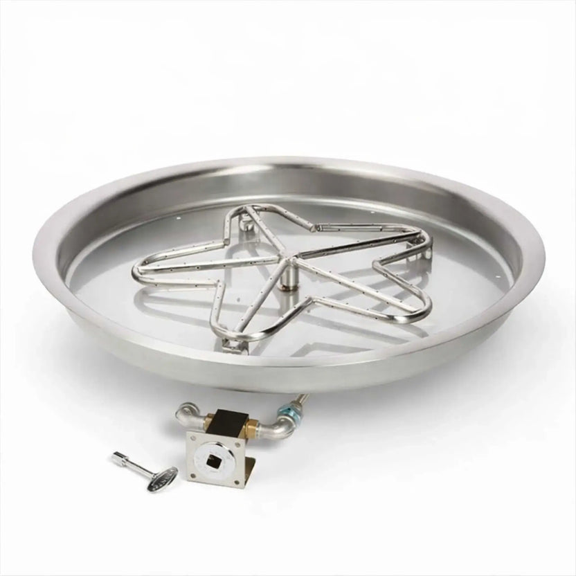 HPC Fire Inspired Hearth Products controls round drop in match lit CSA MLFPK FLEX standard penta burner displayed on a clean white background. The stainless steel fire pit pan features a five-point penta burner design with gas valve and key ignition, showcasing a durable outdoor fire pit insert built for consistent flame distribution and easy manual lighting control.