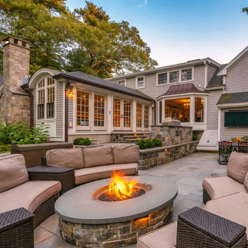 HPC Fire Inspired Hearth Products torpedo penta burner featured in a stylish outdoor living area with cushioned patio seating and a circular fire pit centerpiece. The round drop in MLFPK FLEX burner creates a welcoming flame display, complementing the home’s architecture and landscaped backyard design.
