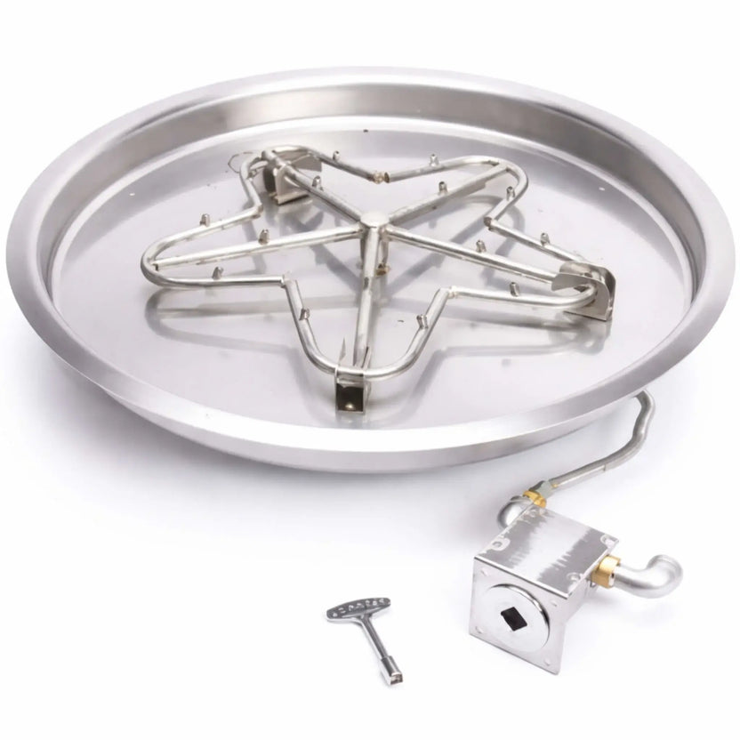 HPC Fire Inspired Hearth Products controls round drop in match lit CSA MLFPK FLEX torpedo penta burner displayed on a white background. The stainless steel pan and five-point burner design are paired with a gas valve and key, clearly showcasing components for outdoor fire pit installation and manual ignition control.