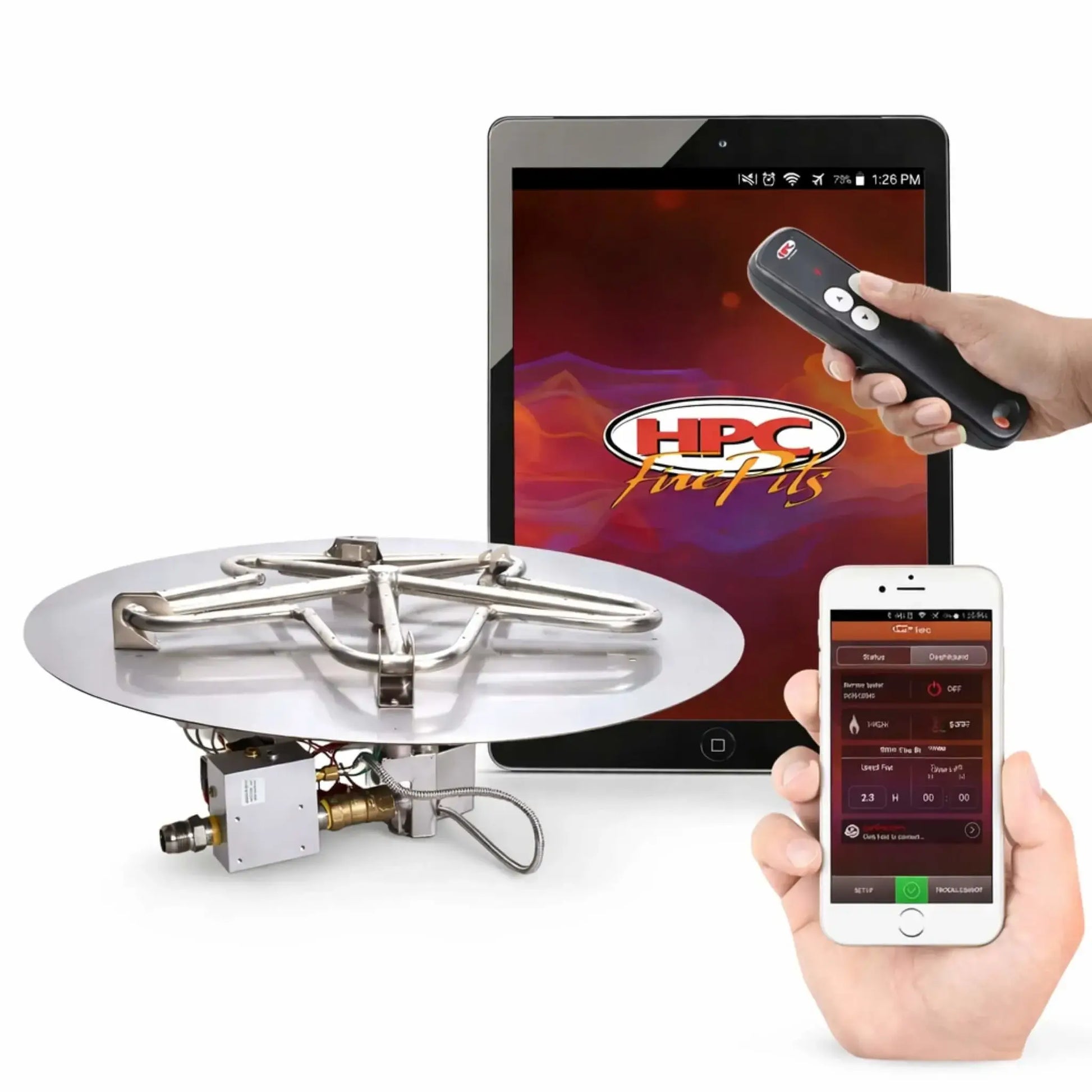 HPC Fire Inspired Hearth Products controls round flat electronic ignition hi lo low standard penta burner shown on a white background alongside a tablet, handheld remote, and smartphone app interface. The stainless steel burner sits on a circular plate with integrated ignition system, highlighting modern fire pit control options including wireless remote and mobile app functionality.