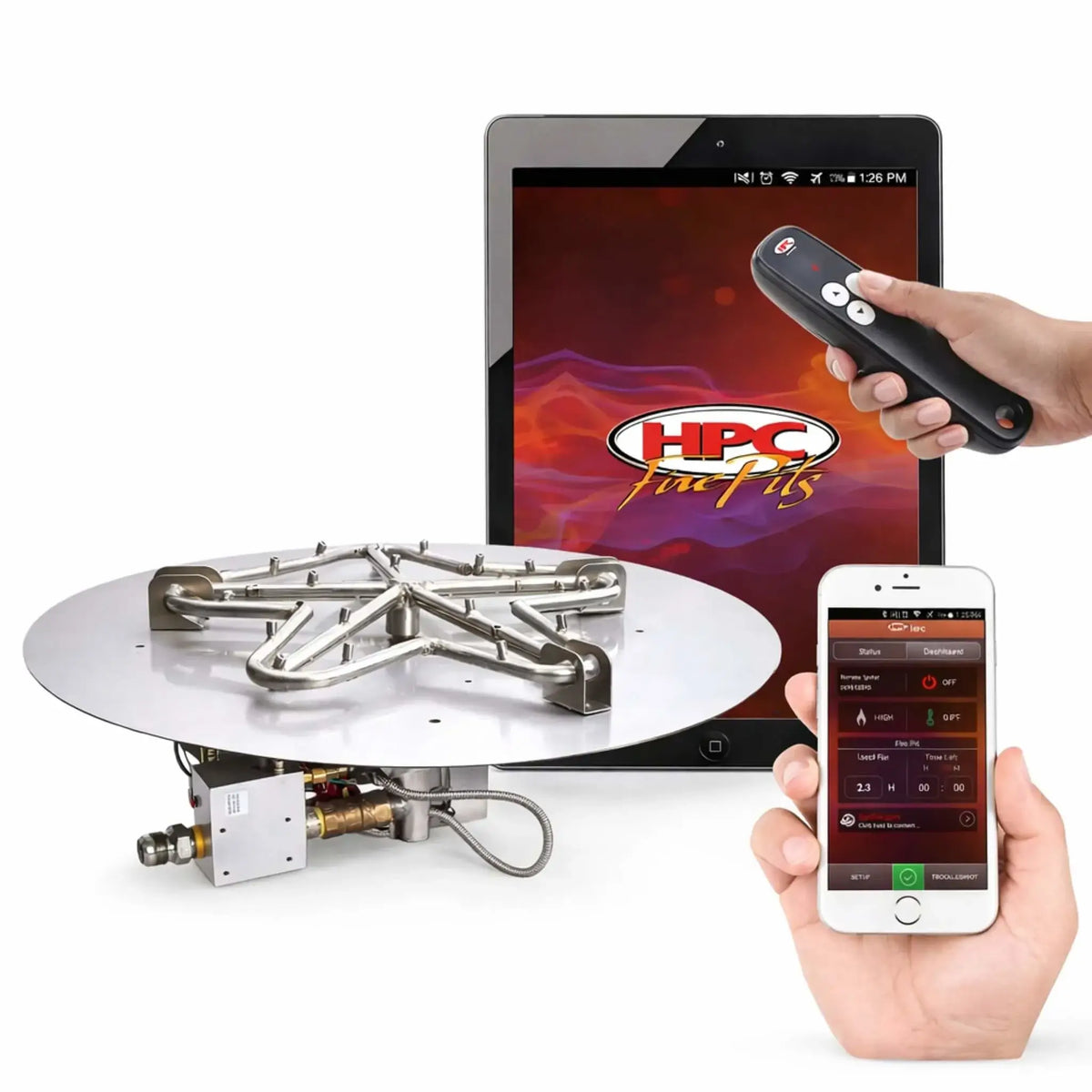 HPC Fire Inspired Hearth Products controls round flat electronic ignition hi lo low torpedo penta burner displayed on a clean white background with a tablet, remote control, and smartphone showing the fire pit control app. The torpedo-style stainless steel burner design and electronic ignition components emphasize smart control, flame adjustment, and high-performance outdoor fire feature technology.