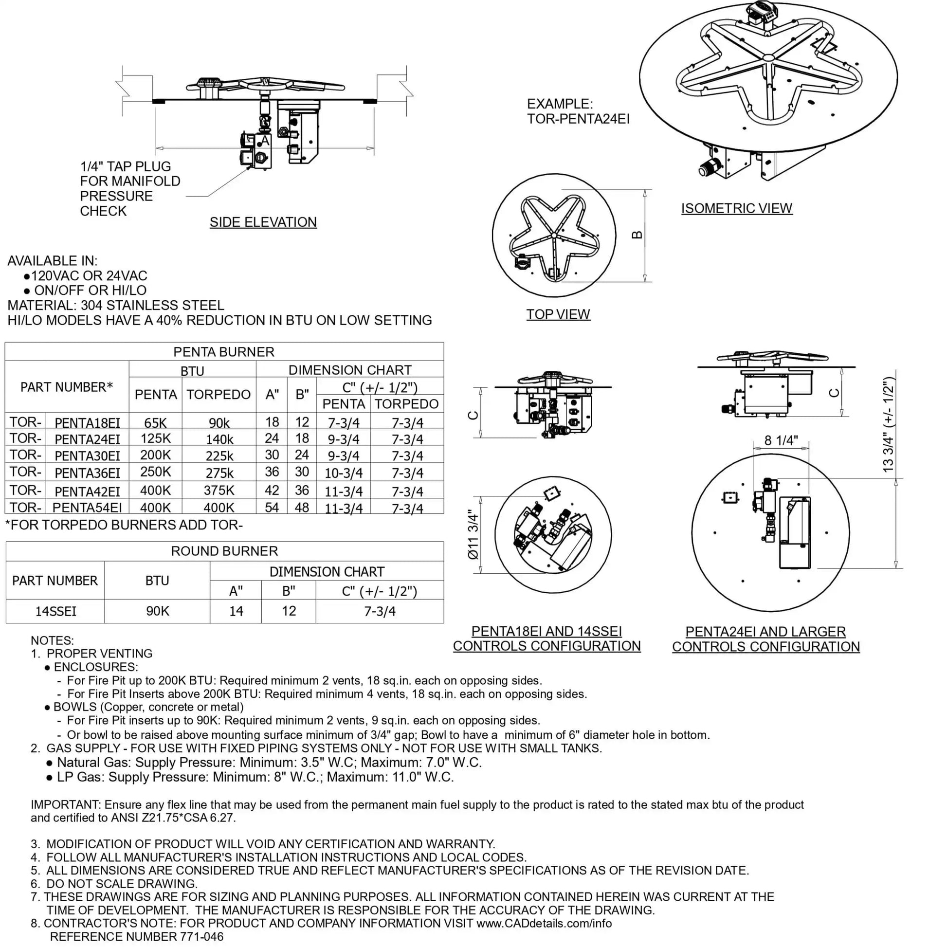 HPC Fire Inspired Hearth Products round flat electronic ignition on off hi lo low standard torpedo penta burner specification sheet showing detailed technical drawings, dimension charts, BTU ratings, and control configurations. Includes side elevation, top view, and isometric diagrams for installation planning and engineering reference.