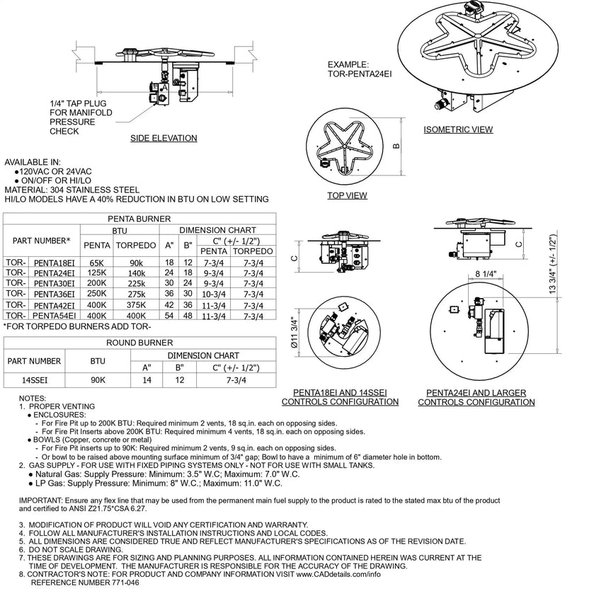 HPC Fire Inspired Hearth Products round flat electronic ignition on off hi lo low standard torpedo penta burner specification sheet showing detailed technical drawings, dimension charts, BTU ratings, and control configurations. Includes side elevation, top view, and isometric diagrams for installation planning and engineering reference.