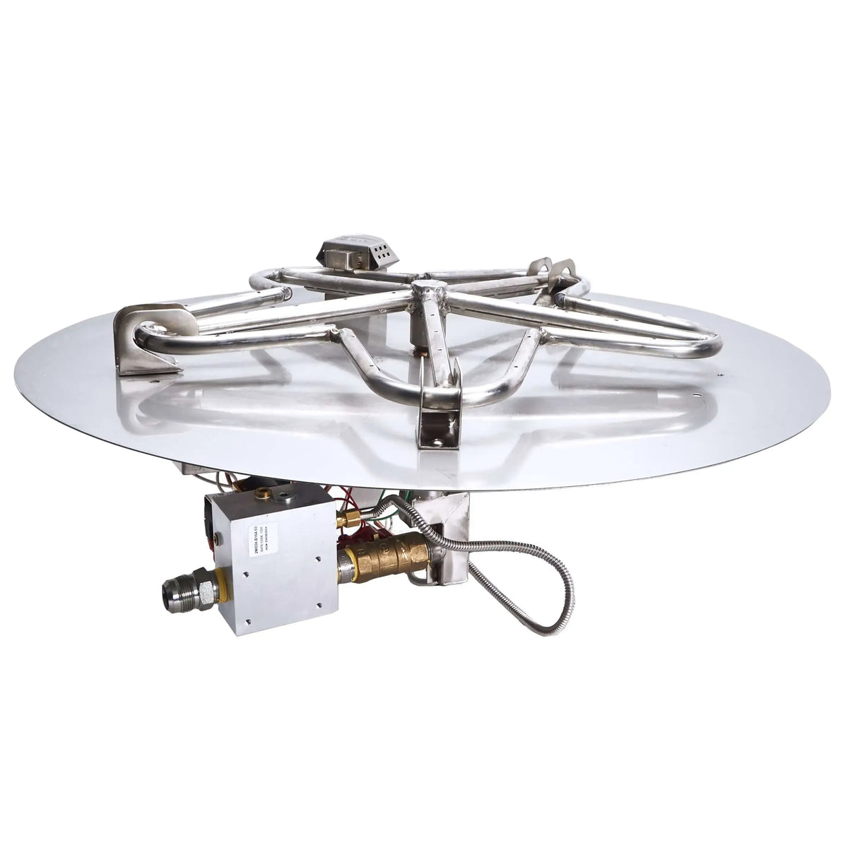 HPC Fire Inspired Hearth Products round flat electronic ignition on off standard penta burner displayed on a clean white background. The stainless steel five-point burner sits atop a circular plate with integrated gas valve and ignition components, clearly showcasing the construction and layout for product-focused presentation.