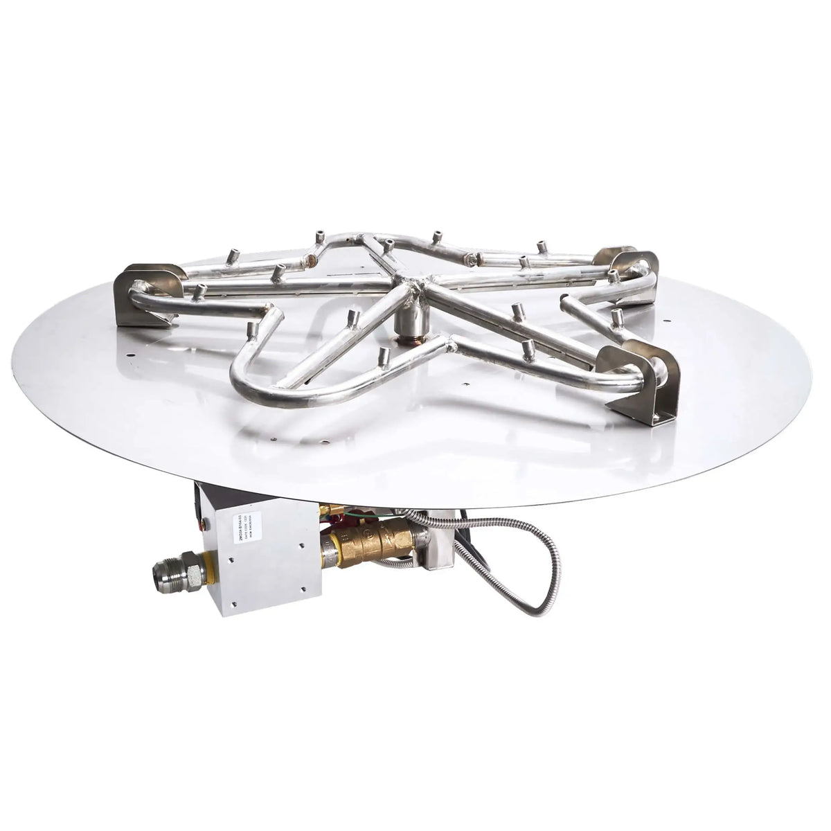 HPC Fire Inspired Hearth Products round flat electronic ignition on off torpedo penta burner shown on a white background. The torpedo-style stainless steel burner arms extend across a round plate with multiple gas ports, highlighting the robust build, ignition system, and evenly distributed flame design for fire pit installations.