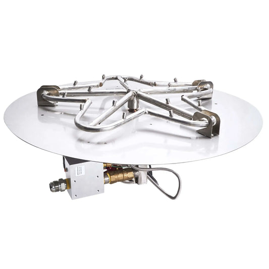 HPC Fire Inspired Hearth Products round flat electronic ignition on off torpedo penta burner shown on a white background. The torpedo-style stainless steel burner arms extend across a round plate with multiple gas ports, highlighting the robust build, ignition system, and evenly distributed flame design for fire pit installations.