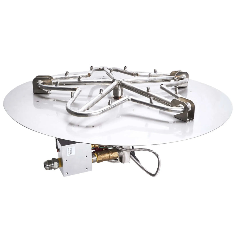 HPC Fire Inspired Hearth Products round flat electronic ignition on off torpedo penta burner shown on a white background. The torpedo-style stainless steel burner arms extend across a round plate with multiple gas ports, highlighting the robust build, ignition system, and evenly distributed flame design for fire pit installations.