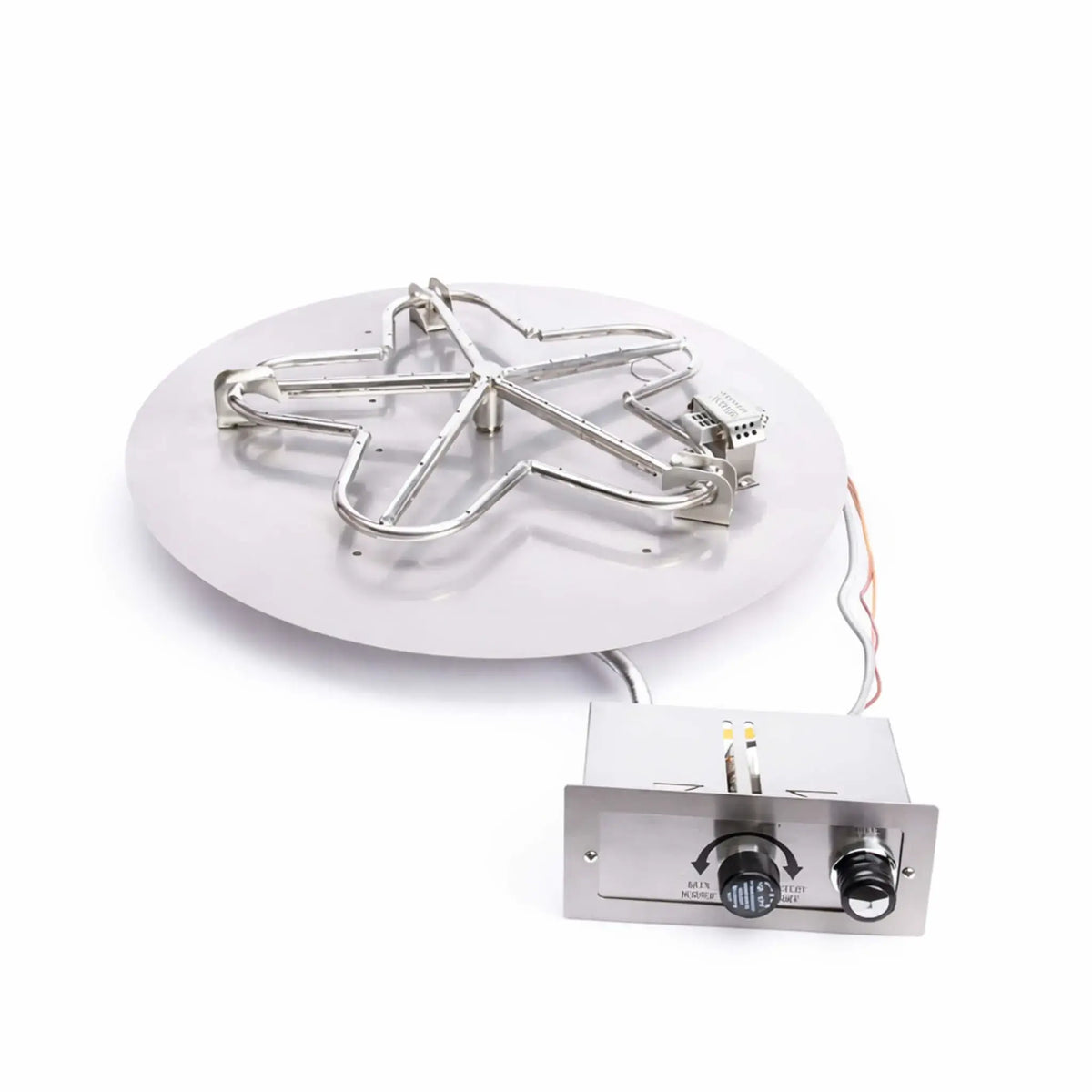 HPC Fire Inspired Hearth Products round flat FPPK push button flame sensing standard penta burner displayed on a clean white background. The stainless steel circular burner pan features a multi-point penta burner design with integrated ignition system, wiring, and control valve panel, highlighting durable construction and electronic ignition components for modern gas fire pit installations.